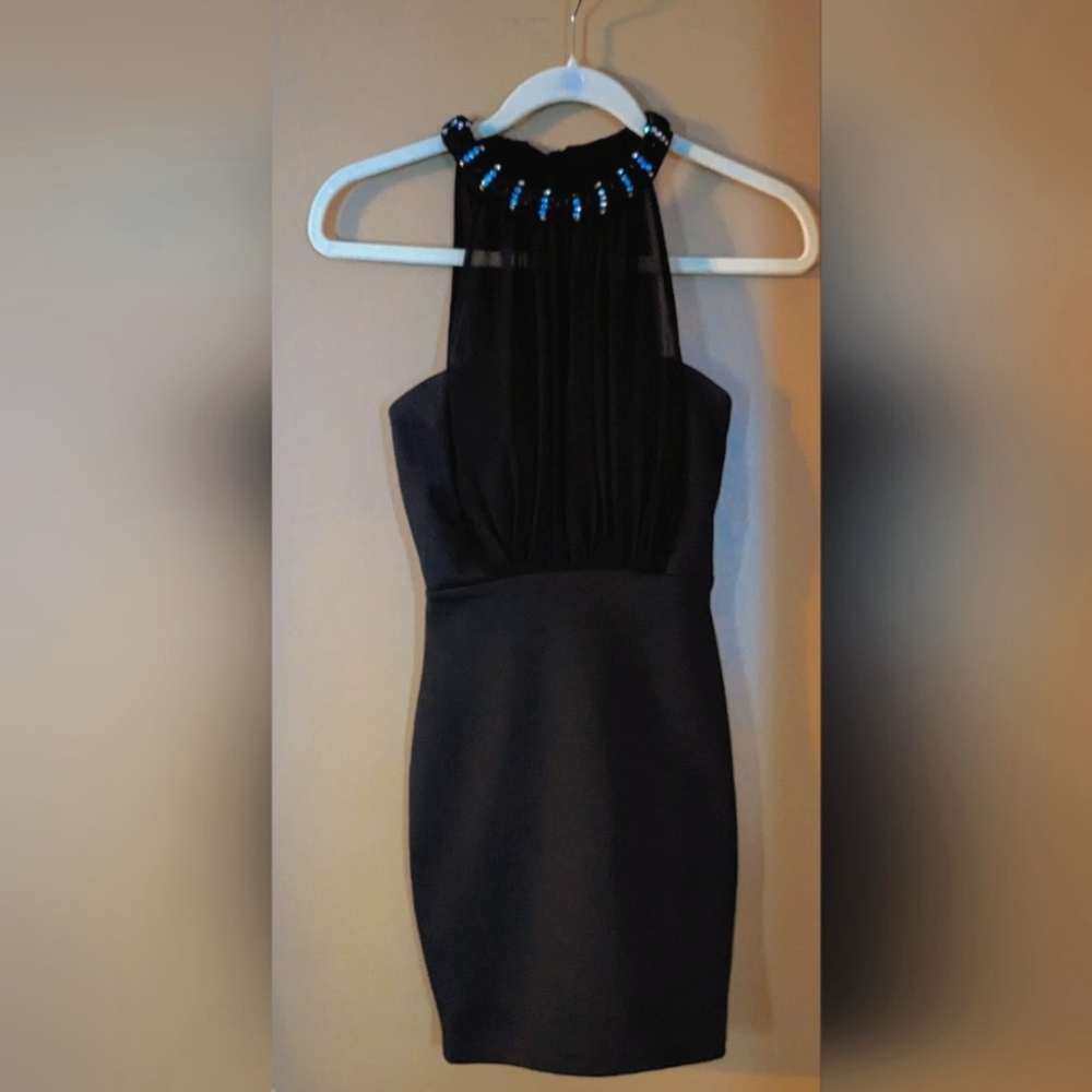 Just Me Halter Mini Dress with Clear crystals & Sheer Overlay Black Sz Small